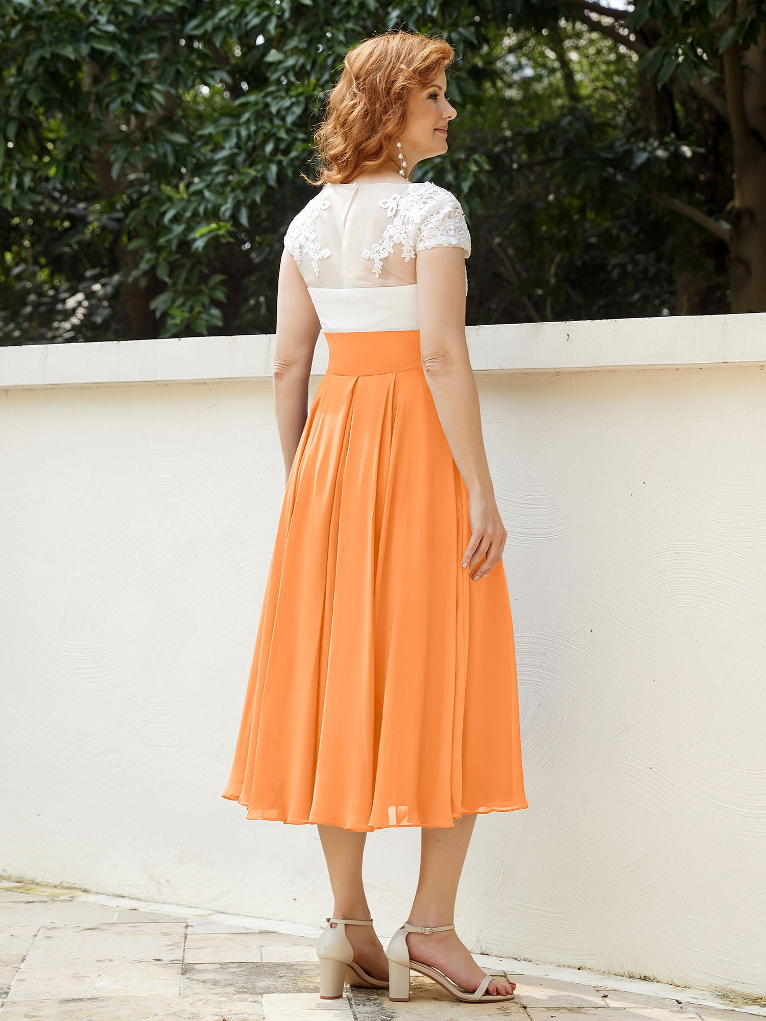 Cap Sleeves Chiffon Dresses with Ivory Bodice Orange